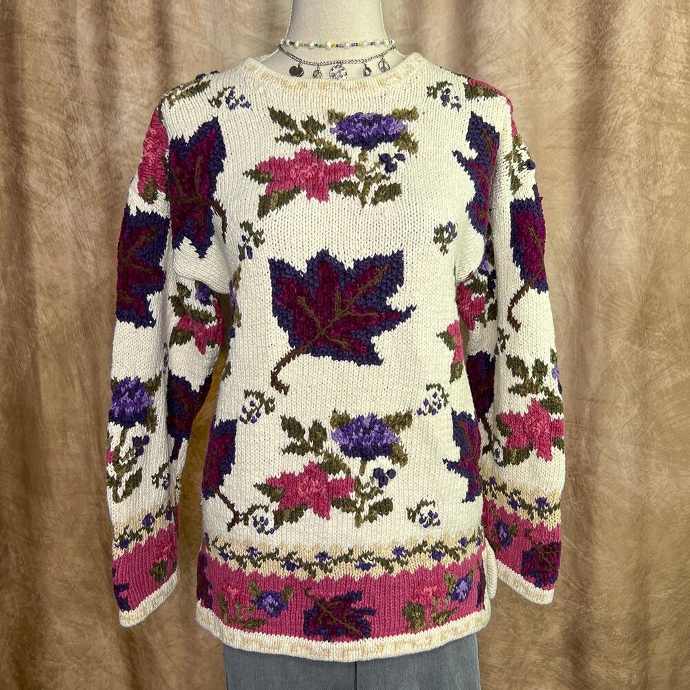 Vintage Fall Sweater 90s Hand Knit Floral Leaf Foliage Long Sleeve Autumn